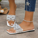 Breakj Plus Size Rhinestone Beach Slippers Female Bow String Beads Decoration Sequined Flat