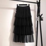 2021 Women Sweet Ruffle Tulle Skirt High Waist Elegant Vintage Pleated ins Skirts Candy Cakee Layered Maxi Long