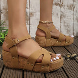 Riveted High-Heeled Sandals 2023 Flat Heel Round Head Thick Soles Buckle Roman