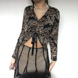 Khaki Vintage Print V Neck Flare Long Sleeve Y2K Tops Cute E Girl Fairy Grunge Aesthetic Graphic T Shirts for