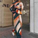 Ladies Long Sleeve Vintage Printed Outfits Fall Winter Women Two Piece Sets Elegant Turtleneck Pullover Top+Wide Leg Pants