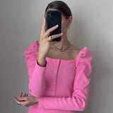 Knitted Ribbed Top Square Collar Ladies Sexy Puff Sleeve Ladies Skinny Button 2021 Autumn Basic Korean Casual