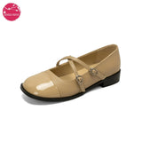Women Genuine Leather Patchwork Buckle Strap Round Toe Elegant Mary Janes Shoes Ladies Low Heels Dress Retro Wedding