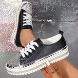 Shoes for Women Sneakers Crystal Thick Soles Casual Rhinestones PU Walking Flats Thick Bottom Lace Up Shoes Plus Size