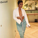fashion v-neck fashion drawstring bandage y2k tops casual Turtleneck fashion harajuku streetwear split long sleeve