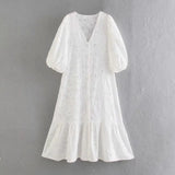 Women Hollow Embroidery Lantern Sleeve Midi Dress Female V Neck Clothes Casual Lady Loose Vestido