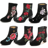 Breakj Boots Ankle Boots Embroidered Cloth Shoes Spring High Heels Velvet Canvas Thick Heel Plus Size Short Leg