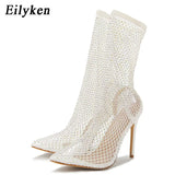 New Design Crystal Rhinestone Mesh Stretch Fabric Sock Boots Fashion PVC Transparent Pointed Toe Shoes Sexy High