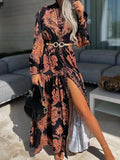 Women Spring New Chic Long Coat Dress Elegant Print Boho Dress Fashion V-Neck Single Breasted Lantern Sleeve Part Dress