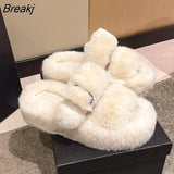 Winter Soft Warm Comfort Thick Sole Flat Fur Slipper Brand Designer Slip On Slide Flip Flops Casual Bedroom