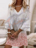 Spring Summer Fashion V Neck Party Dress Women Vintage Harajuku Print Beach Shirt Dress Lady Casual 3/4 Flare Sleeve Loose