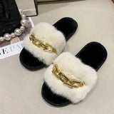 Fur Slippers 2024 New Fashion Chain Design Women Home Slippers Winter Indoor Open Toe Flat Non-slip Leisure Female