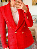 Elegant Red Double Breasted Tweed Jacket Women 2021 Fashion Pockets Turn-down Collar Coats Female Chic