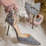 Bow High Heels Summer New Thin-Heeled Single Shoes Crystal Bridesmaids Wedding Shoes Hollow