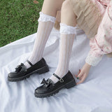 Shoes Women Flats Mary Janes Patent Leather Shoes Flower Lace Ruffle Round Toe Black Girls Retro Cosplay Kawaii