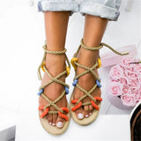 Women Hemp Rope Straw Flat Sandals Peep Toe Cross Lace Up Female Platform Fashion Casual Shoes Rome Ladies