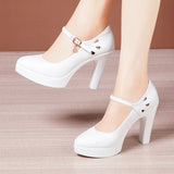 Model Catwalk High Heels, Pointed Black Professional Work Shoes, Large Size One-Word Buckle Soft Leather