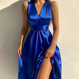 2022 Women Party Dress Celmia Sexy V Neck Elastic Waist Satin Long Vestidos Elegant Sleeveless Blackless Clubbing Midi