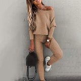 Sportswear Women Fashion Casual Solid Fit One Shoulder Top Long Pants Set Long Sleeve Top & High Waist Drawstring Pants