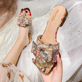 for Women 2024 New Luxury Pearl Rhinestone Chunky Heel Slippers Summer Womens Shoes Fashion Butterfly-knot