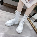 Women's Martens Boots PU Leather White Ankle Boots Autumn Winter Motorcycle Boots Fashion Female Chunky Heel Platform