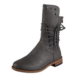 Mid Calf Boots Lace Up Boots Female Women Shoes Rivet Low Heels Zip Footwear Leather Women's Short Boots Plus Size