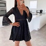 Women Elegant Lace Embroidery Patchwork Party Dress Fashion Sexy V Neck Flared Sleeve Mini Dress Spring Lady Solid Loose