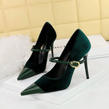 Breakj Banquet High Heels Fine Heel Shallow Pointed Top Xishi Suede Stitching Pointed Metal Buckle One Word Strip Single