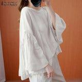 Vintage Patchwork Tops Women's Summer Blouses ZANZEA 2022 Casual Long Sleeve Blusas Female O Neck Lace Up Tunic Chemise