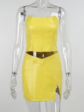 PU Two Piece Sets Women Leather Zipper Mini Skirts Side Split Women Tube Sleeveless Crop Top Sexy Clubwear Skirt