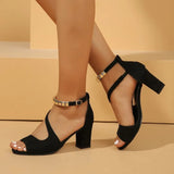 Breakj Sales Summer New Buckle Velvet Beaded Fish Mouth Coarse Sandals Roman High Heels
