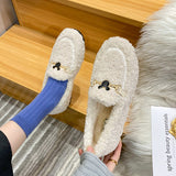 Winter White Wool Shoes Ladies Luxury Buckle Flats Women Plush Sheep Fur Loafers Thicken Fuzzy Moccasins Femme Cotton