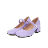 Japanese Sweet Lolita Med Chunky Heels Square Toe Pearl Elastic Band Strappy Princess Shoes Plus Size 34-48 White Purple