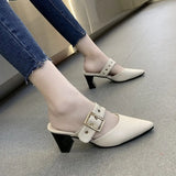 Spring Autumn Women Sandals Pointed Toe PU Cross Strap Pump Buckle Female Casual Solid Footwear Comfortable Retro Ladies