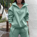 Women Knitted Two Piece Sets Cropped Lapel Zipper Top And Slim Lace Up Pant Fashion Autumn Winter Sweater