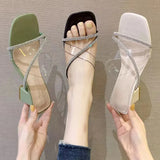 New Women's Thick-Heeled Slippers Korean Version Simple Fashion Transparent Sandals Wear Square Head