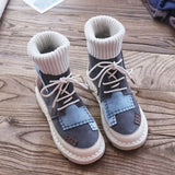 BEYARNEwomen's bottomed flat boots, soft bottom comfortable woollen line Martin boots,handmade Institute women's