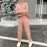 2021 Winter Casual Thick Sweater Tracksuits O-neck Jumpers & Elastic Waist Pants Suit Female Knitted 2 Pieces