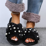 2024 New Flat-Bottomed Pearl Cross Wool Slippers Woman Candy Colored Cotton Slippers