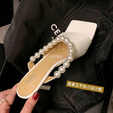 2022 Heels Women Fashion Soft Cozy PU Leather Peep Toe Shoe Sandals Womens Outdoor Pearl Designer Femme Slides Shoes for