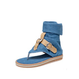 Breakj Flat Sandal Ladies Denim Leather Belt Button Plus Size 40-43 High Beal