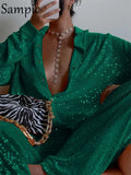 Elegant Female Y2K Sequins Club Shirt Tops 2022 Green Spring Summer Fashion Loose Sexy Party Women Long Sleeve T