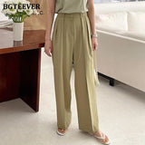 Casual Button High Waist Loose Straight Pants for Women 2021 Summer Ladies Wide Leg Trousers Female Solid