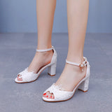 Breakj Cm Fish Mouth High-Heeled Sandals Shallow Mouth Lace Flower Large Size Sandals Bride Wedding Silk Satin Cloth Coarse Sandals