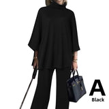 Celmia 2022 Spring 2pcs Knitted Pant Sets Women High Collar 3/4 Sleeve Top Fashion Wide Leg Long Pants Casual Loose Brushed