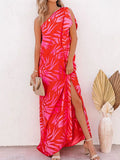 Women Elegant Floral Print Short Sleeve High Waist Beach Dress Summer Party Dress Sexy Slanted Shoulder Slit Holiday Long