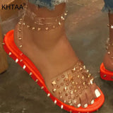 Sandals Summer Rivet Punk Shoes Ankle Strap Female Cool Girls Women's Flats Shoes Buckle Transparent Bling Ladies