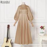 Bohemian Party Satin Dress Vestidos ZANZEA 2022 Casual Puff Sleeve Maxi Long Dress Sundress Casual Solid A-line Oversized Robe