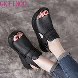 Summer Shoes Thick Bottom Flat Platform Sandals For Women Genuine Cow Leather Fashion Wedges Peep Toe Women