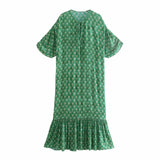 Women Flower Print O Neck Lace Up Green Midi Dress Female Short Sleeve Clothes Casual Lady Loose Vestido